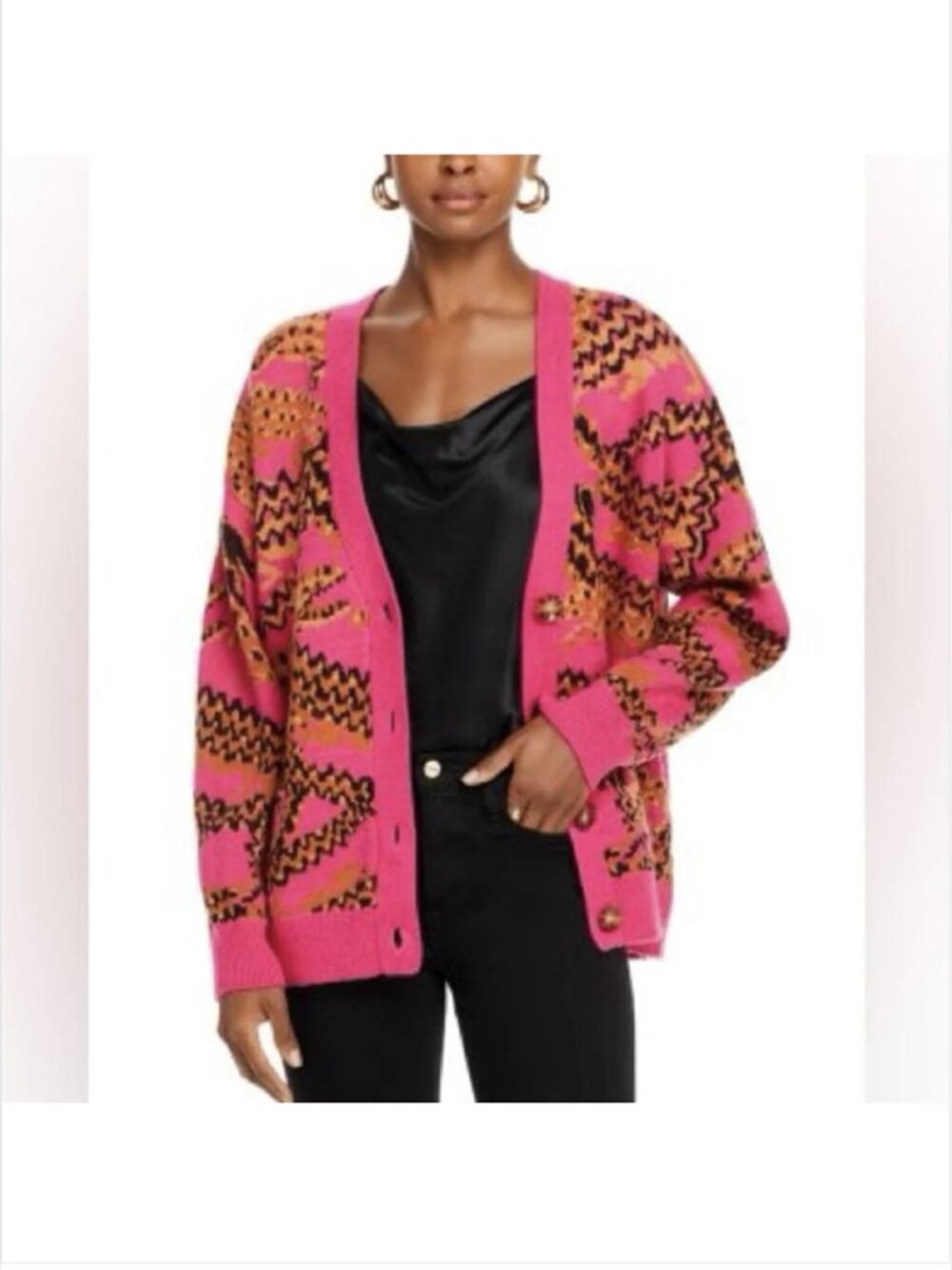 Farm Rio Womens Croco Pink Knit Cardigan L Buttons Oversized Fit